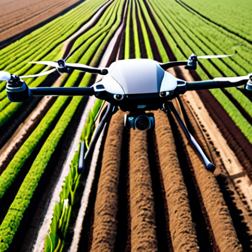 **AI-Powered Farming:** A futuristic farm scene. An AI system analyzes soil conditions via drones. Farmers are using tablets to plan crops. The scene showcases advanced technology improving agricultural efficiency.