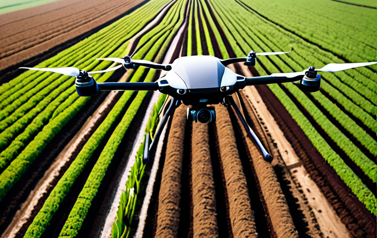 **AI-Powered Farming:** A futuristic farm scene. An AI system analyzes soil conditions via drones. Farmers are using tablets to plan crops. The scene showcases advanced technology improving agricultural efficiency.