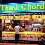 ** "A bustling Bangkok street food stall at night, vibrant colors, delicious Thai food displayed, happy customers, neon signs in Thai script, high resolution, photorealistic."

**