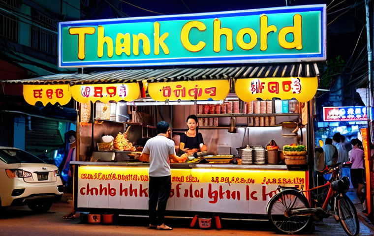 ** "A bustling Bangkok street food stall at night, vibrant colors, delicious Thai food displayed, happy customers, neon signs in Thai script, high resolution, photorealistic."

**
