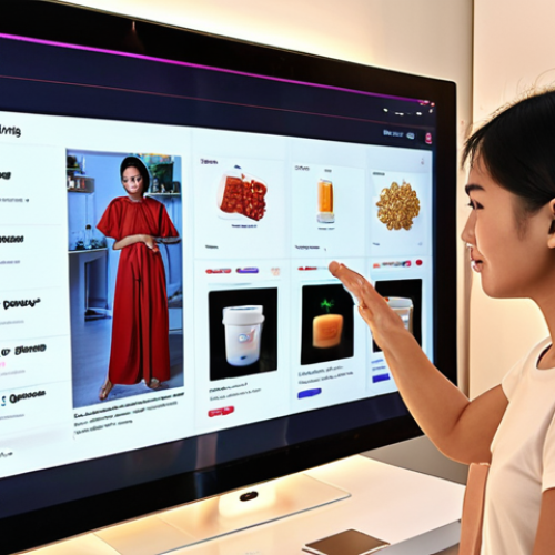 **
    "A vibrant and personalized digital shopping experience on a large, transparent screen in a modern, cozy Thai home. A young Thai woman is interacting with an e-commerce interface, where product recommendations and promotions appear seamlessly tailored to her, highlighted by subtle, glowing AI algorithms connecting to data streams. The scene conveys a sense of ease, intuition, and a smart, user-centric online interaction, showing AI truly understanding user preferences."

2.  **Prompt for