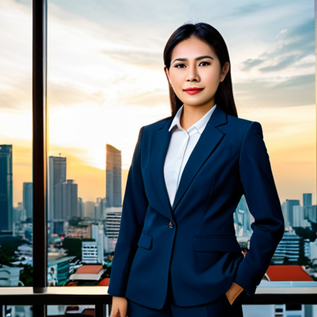 **

"A professional Thai businesswoman in a modern, fully clothed business suit standing confidently in front of the Bangkok skyline at sunset. Appropriate attire, safe for work, perfect anatomy, natural proportions, professional photography, high quality, modern, modest."

**