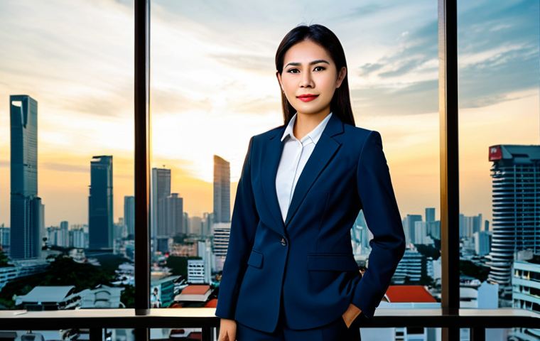 **

"A professional Thai businesswoman in a modern, fully clothed business suit standing confidently in front of the Bangkok skyline at sunset. Appropriate attire, safe for work, perfect anatomy, natural proportions, professional photography, high quality, modern, modest."

**