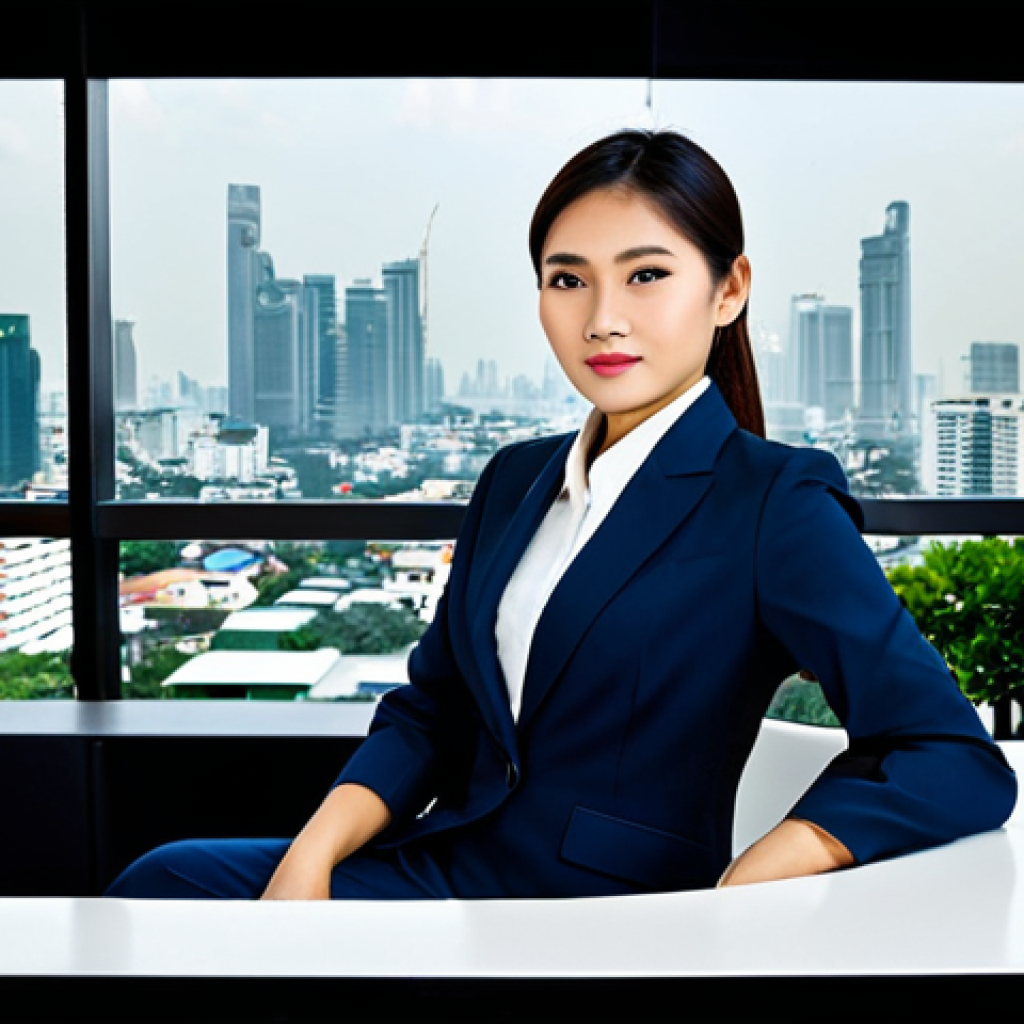 Professional Success**

"A professional Thai businesswoman in a modest, tailored business suit, sitting at a sleek desk in a modern Bangkok office overlooking the city skyline, fully clothed, appropriate attire, safe for work, perfect anatomy, natural proportions, professional corporate photography, high quality, family-friendly."

**