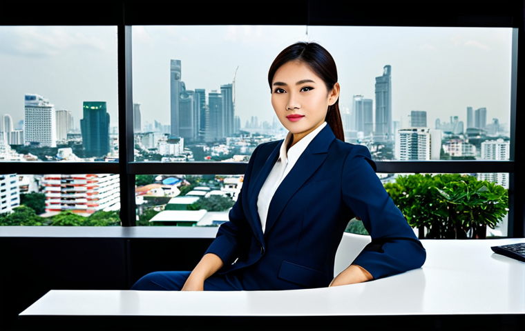 Professional Success**

"A professional Thai businesswoman in a modest, tailored business suit, sitting at a sleek desk in a modern Bangkok office overlooking the city skyline, fully clothed, appropriate attire, safe for work, perfect anatomy, natural proportions, professional corporate photography, high quality, family-friendly."

**
