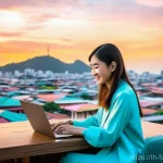 웹 기반 관광 서비스의 발전 전망 - **Prompt:** A smiling young Thai woman in her late 20s, dressed in a fashionable yet modest casual o...