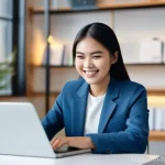 AI 챗봇과 웹 기술의 융합 예측 - **Prompt 1: Seamless AI Chatbot Interaction**
    "A smiling young Thai woman in her early twenties,...