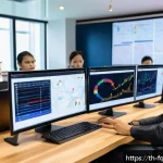 Home 17 자율주행 웹 서비스의 미래 기술 - A modern digital workspace scene showcasing a diverse Thai software development team collaborating o...