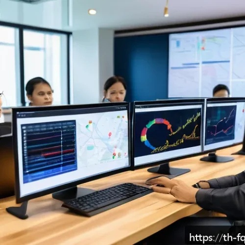 Home 23 자율주행 웹 서비스의 미래 기술 - A modern digital workspace scene showcasing a diverse Thai software development team collaborating o...